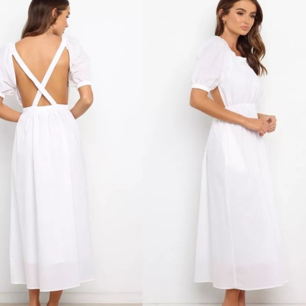Petal & Pup | NEW Ollie Short Sleeve Open Back Linen Midi Dress in White Size 6